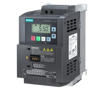 SIEMENS SINAMICS, V20 200-240V 1AC -10/+10% 47-63Hz RATED POWER 1.5 kW WITH 150% OVERLOAD FOR 60 SEC